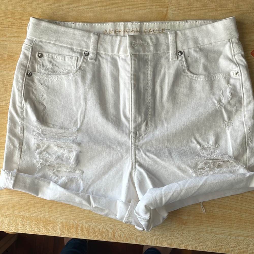NWOT AE distressed shorts (never worn), white curvy high rise shortie